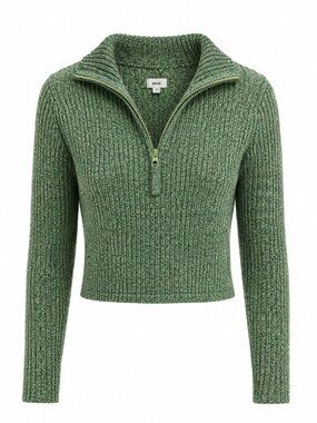 Aerie Green Marled Ribbed Cropped Half Zip Sweater M